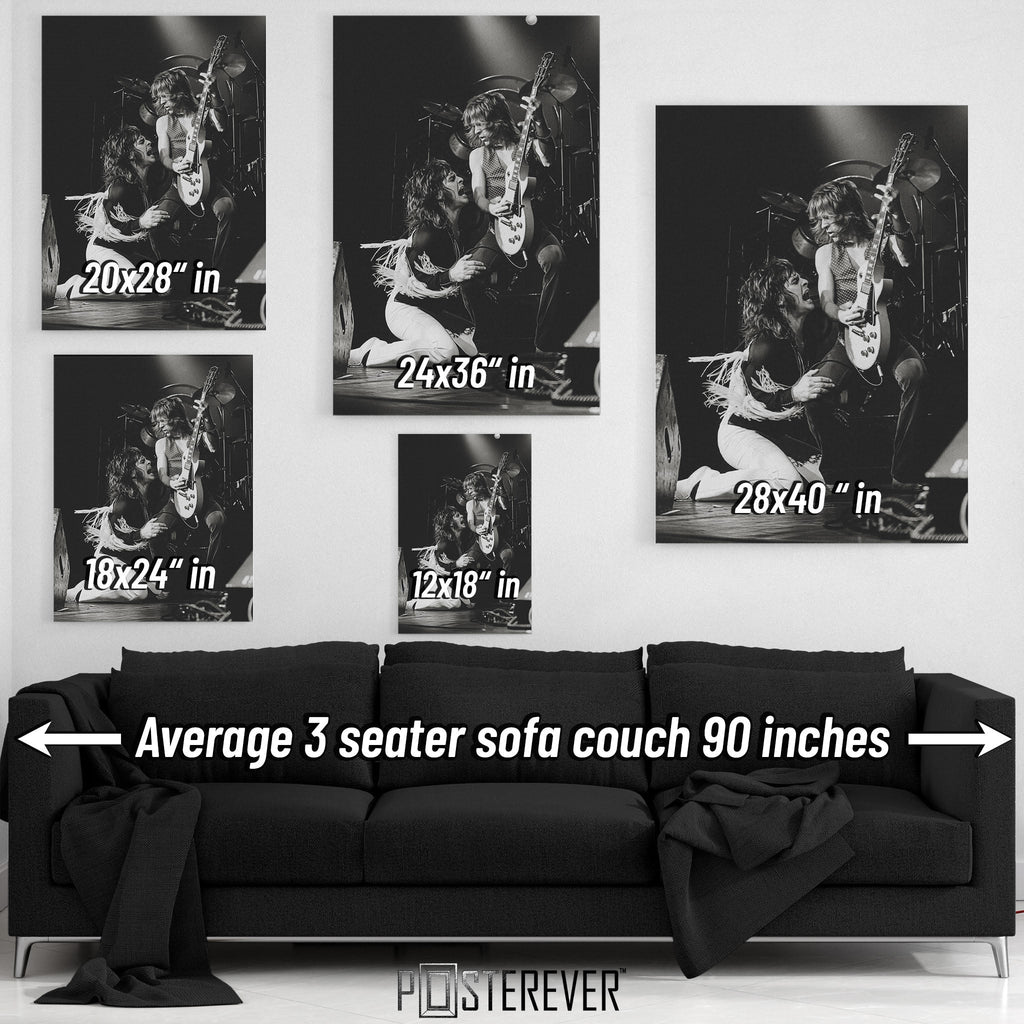 Ozzy Osbourne and Randy Rhoads wall art size comparison chart shown above a sofa