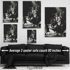 Ozzy Osbourne and Randy Rhoads wall art size comparison chart shown above a sofa