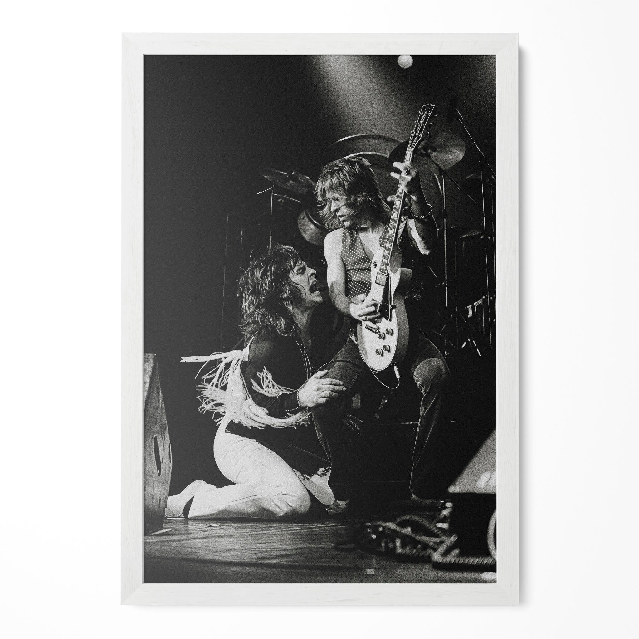 Ozzy Osbourne and Randy Rhoads 1980 Bradford black and white portrait in a classic white poster frame