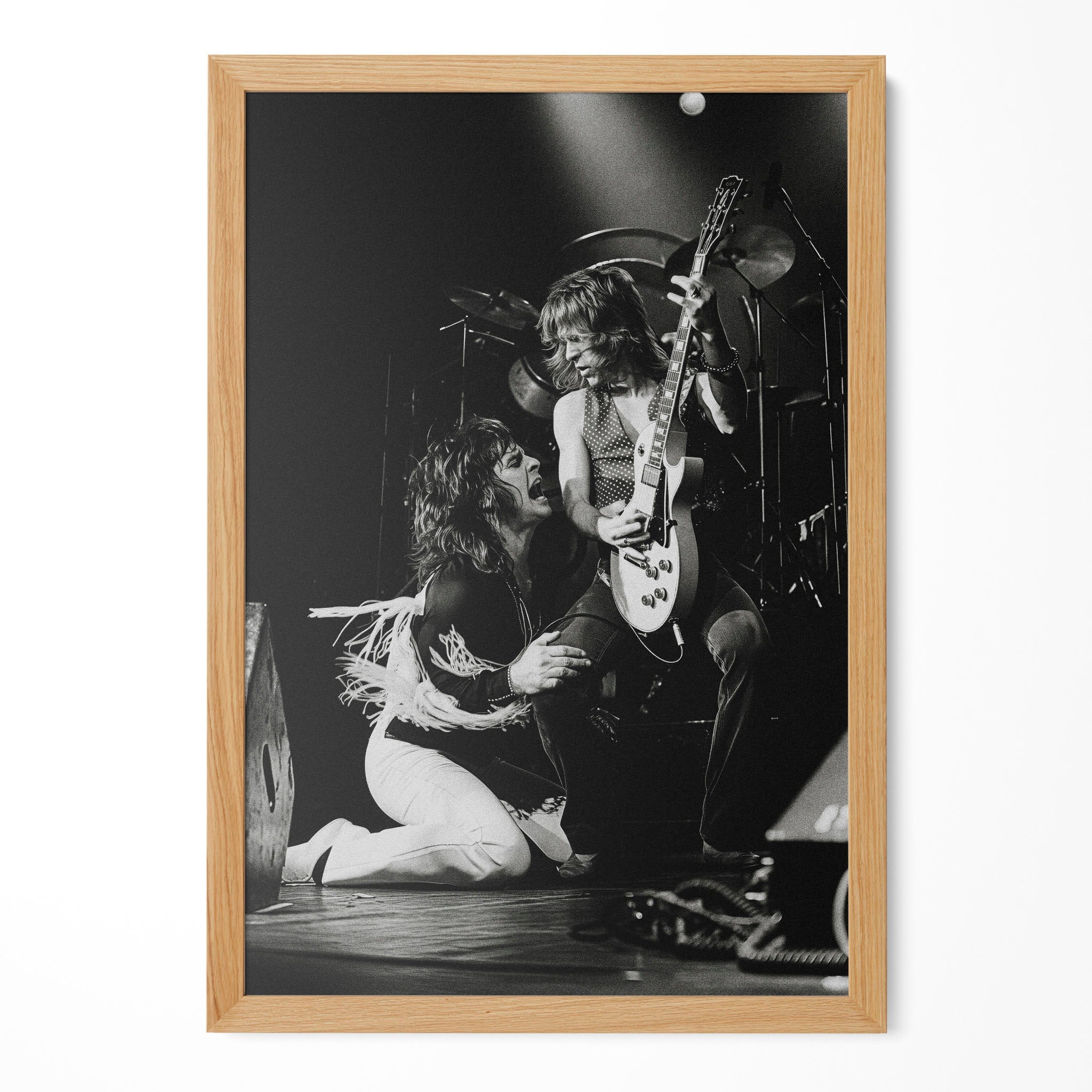 Ozzy and Randy Rhoads black and white portrait in a natural oak poster frame