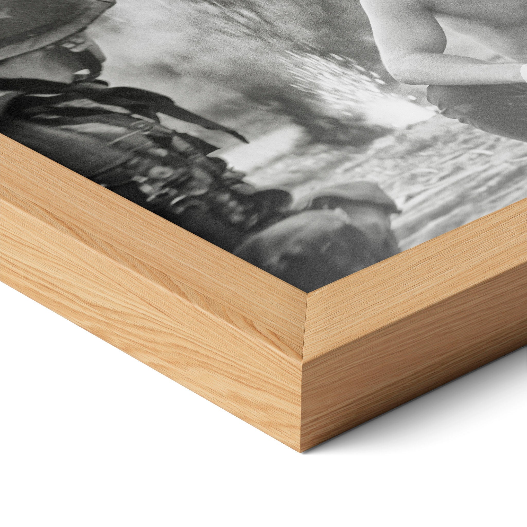 Close-up of the natural oak frame on the Apocalypse Now Kilgore black and white poster
