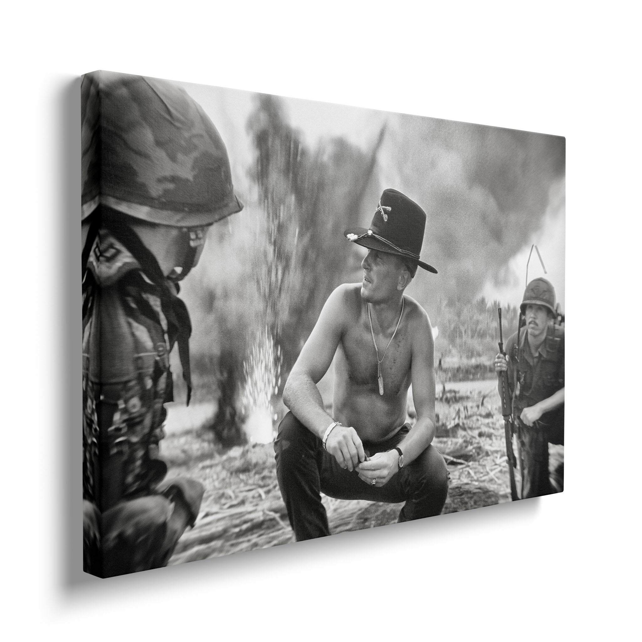 Gallery-wrapped black and white canvas of Kilgore in Apocalypse Now displayed on a wall