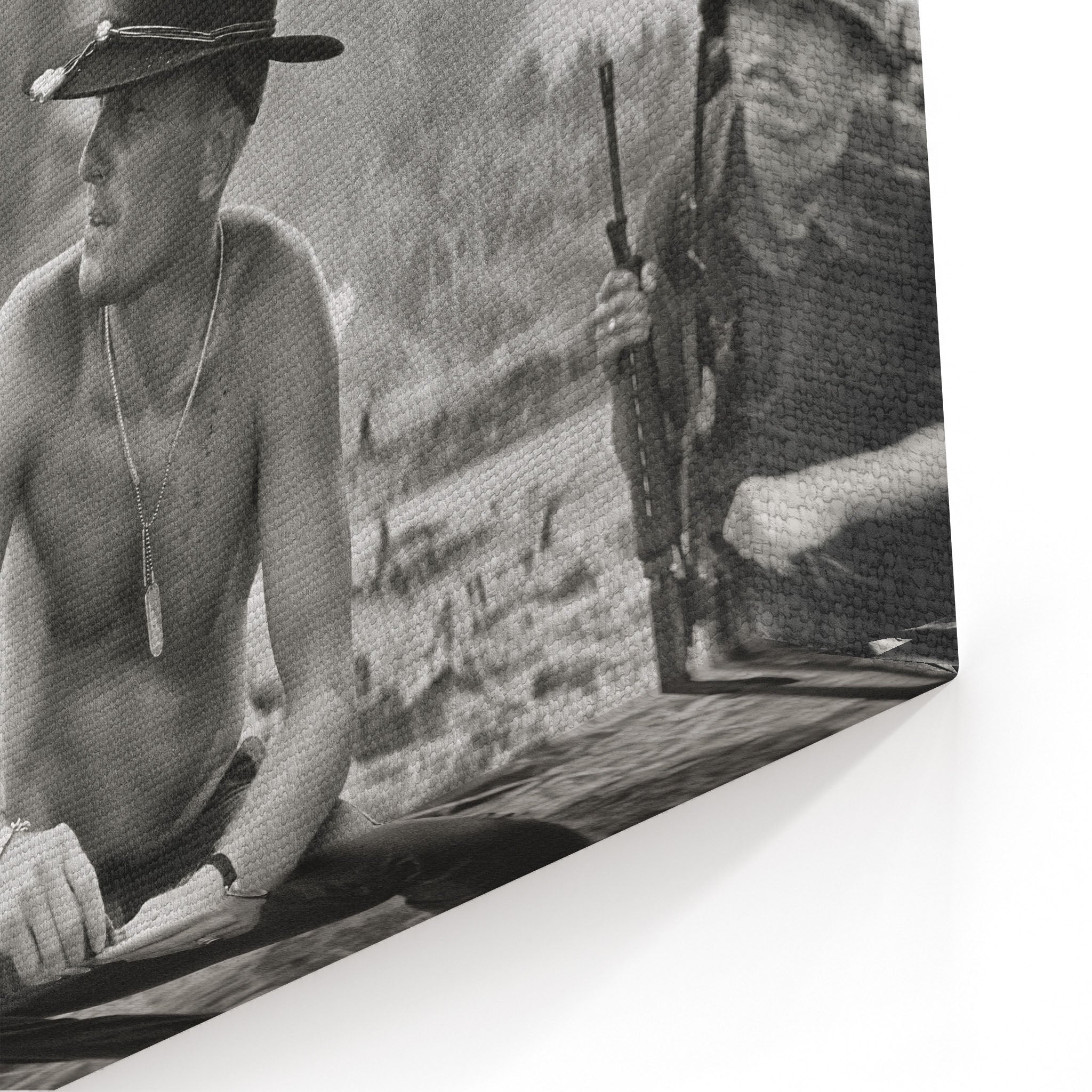 Close-up of the gallery-wrapped canvas edge on the Apocalypse Now Kilgore black and white print