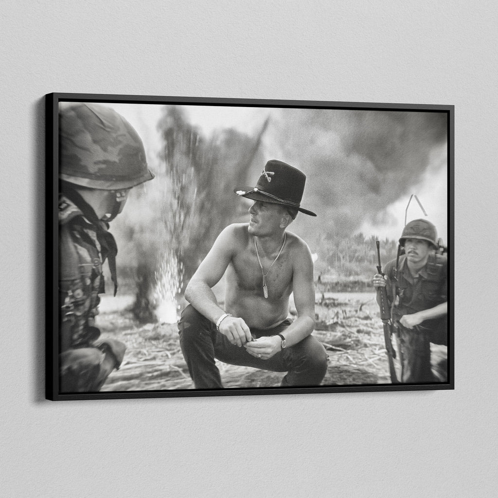 Angled view of the Apocalypse Now Kilgore black and white canvas in a black floating frame