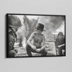 Angled view of the Apocalypse Now Kilgore black and white canvas in a black floating frame