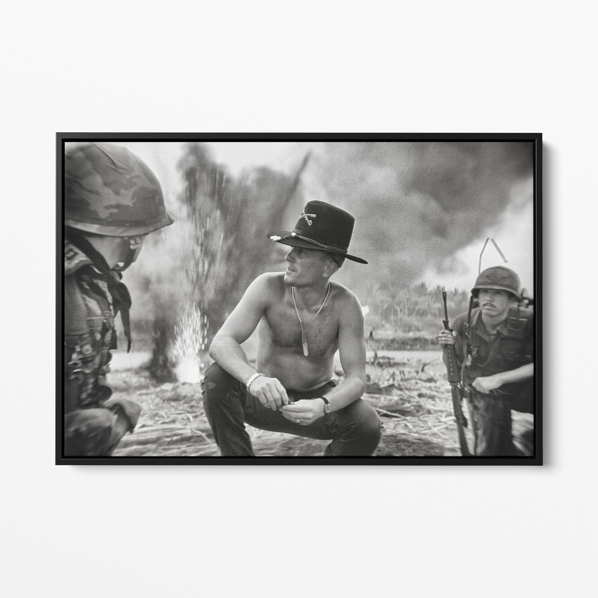 Front display of the Apocalypse Now Kilgore black and white canvas in a black floating frame