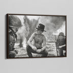 Angled view of the Apocalypse Now Kilgore black and white canvas in a dark walnut floating frame