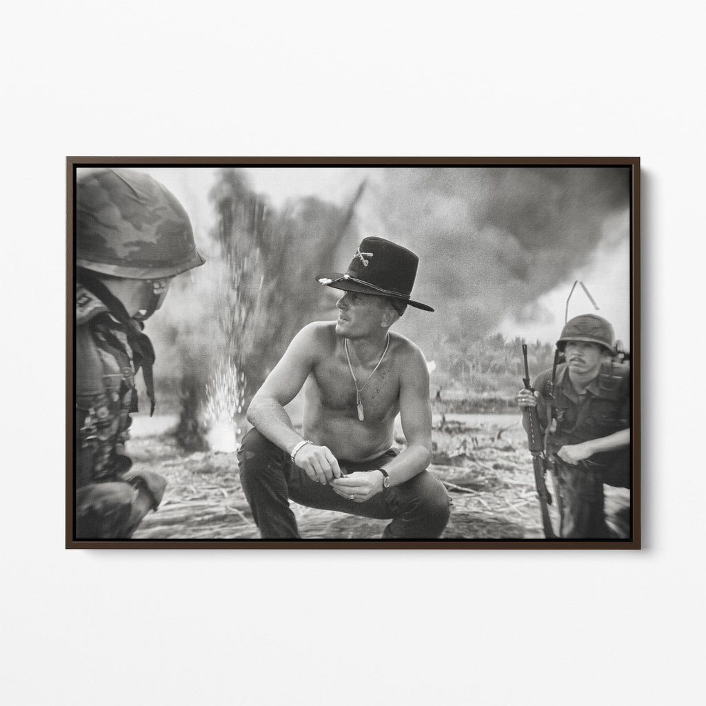 Front display of the Apocalypse Now Kilgore black and white canvas in a dark walnut floating frame