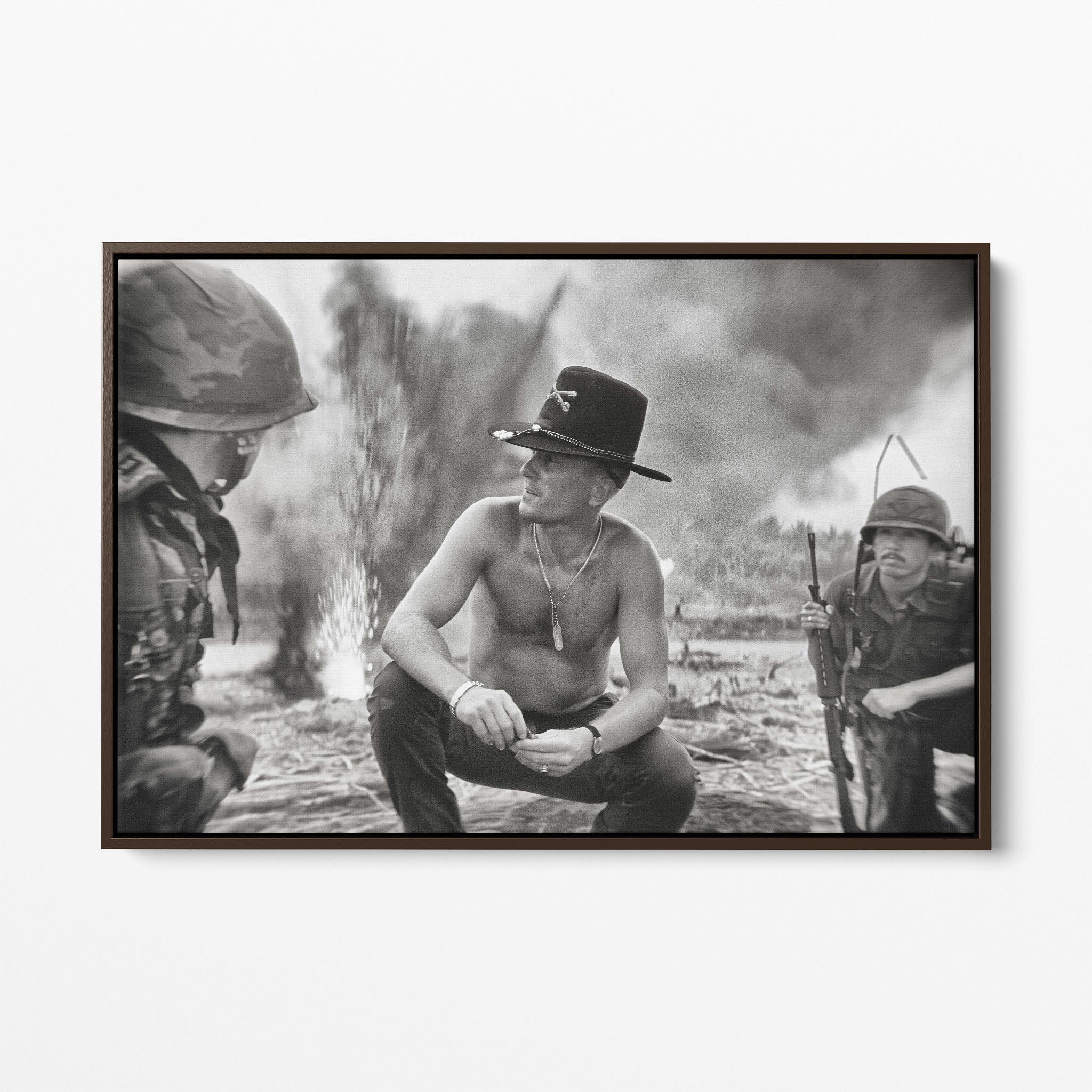 Front display of the Apocalypse Now Kilgore black and white canvas in a dark walnut floating frame
