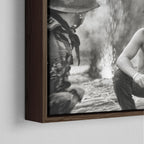 Close-up of the dark walnut floating frame on the Apocalypse Now Kilgore black and white canvas
