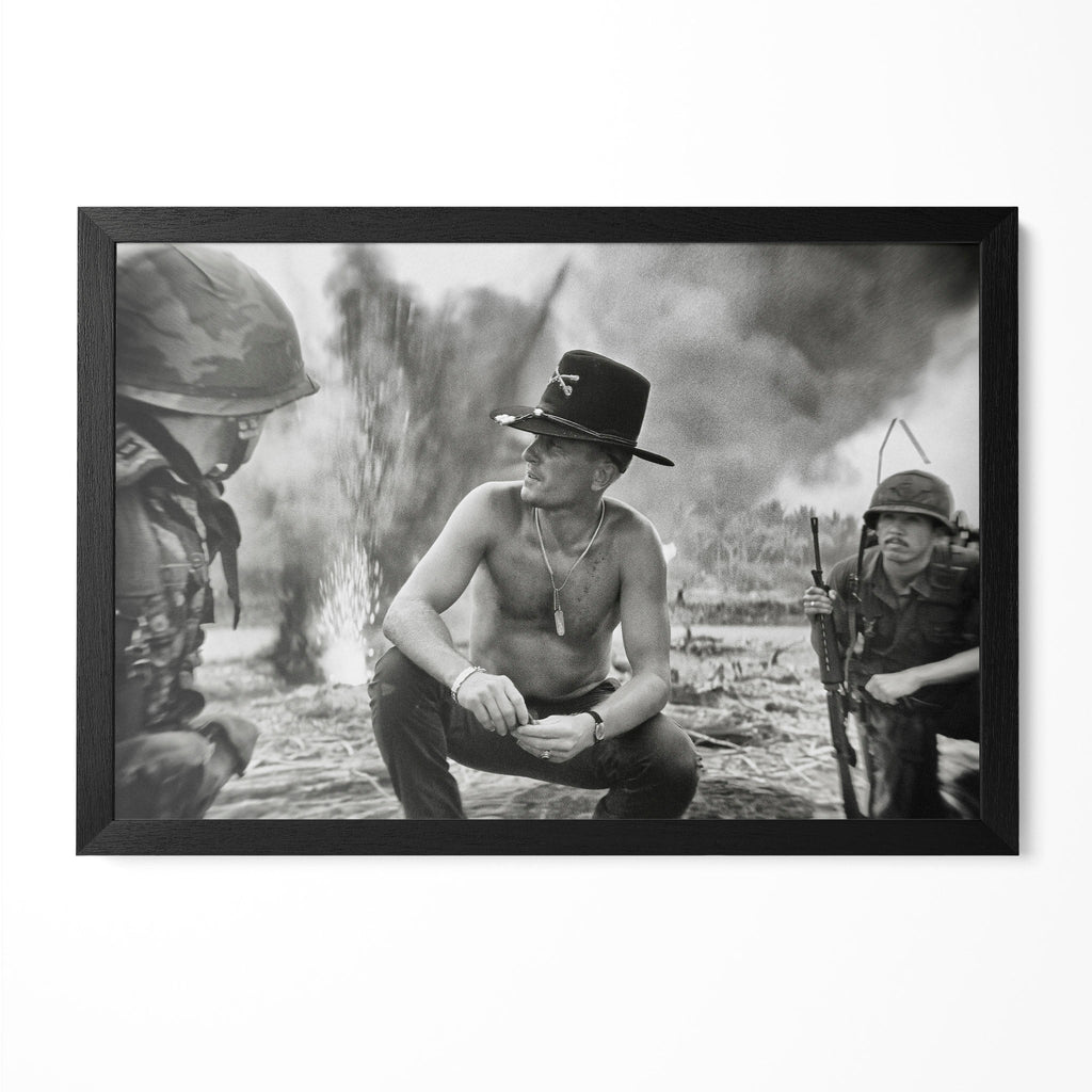 Robert Duvall as Lt. Col. Kilgore in Apocalypse Now, black and white war scene in a classic black poster frame