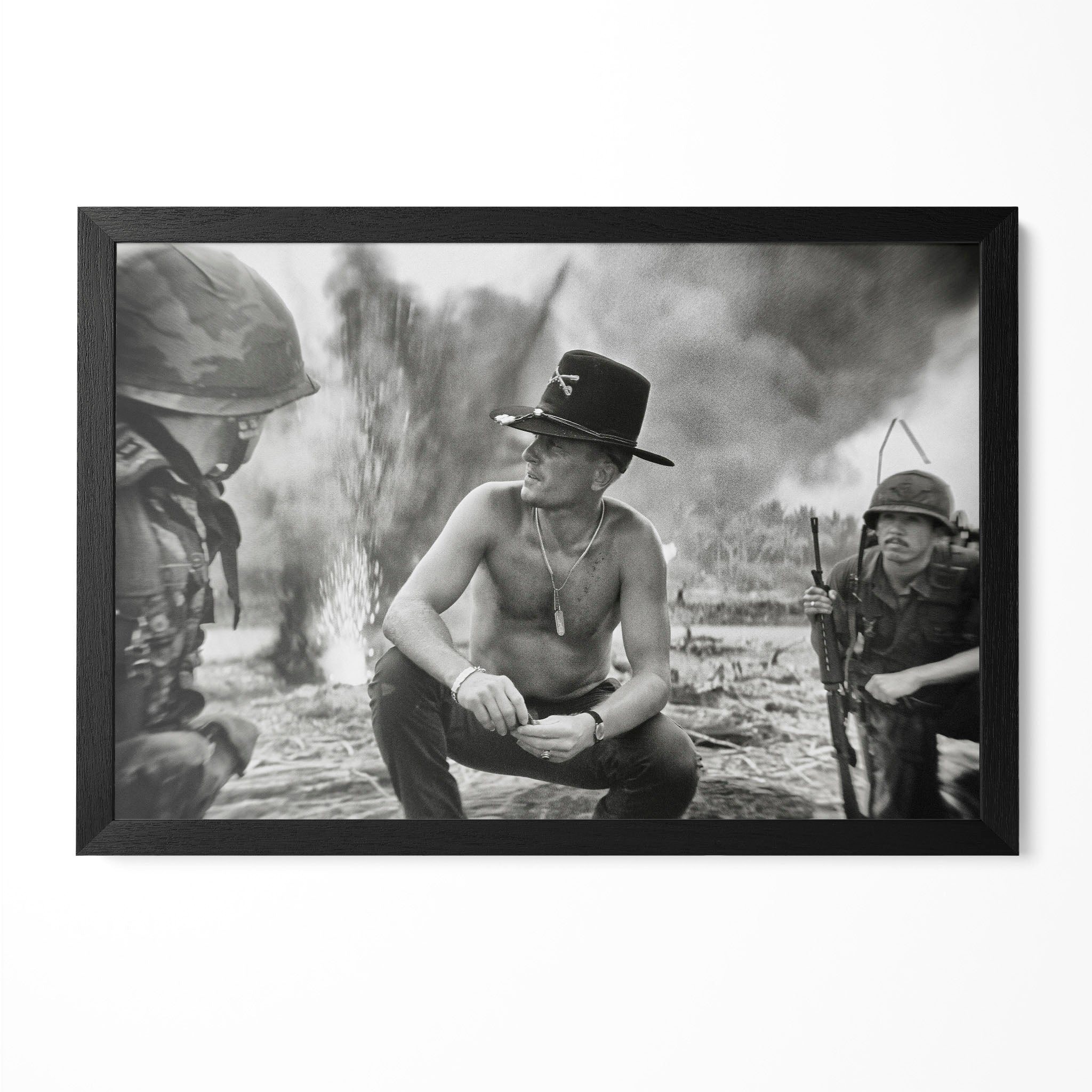 Robert Duvall as Lt. Col. Kilgore in Apocalypse Now, black and white war scene in a classic black poster frame