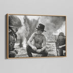 Angled view of the Apocalypse Now Kilgore black and white canvas in a natural oak floating frame