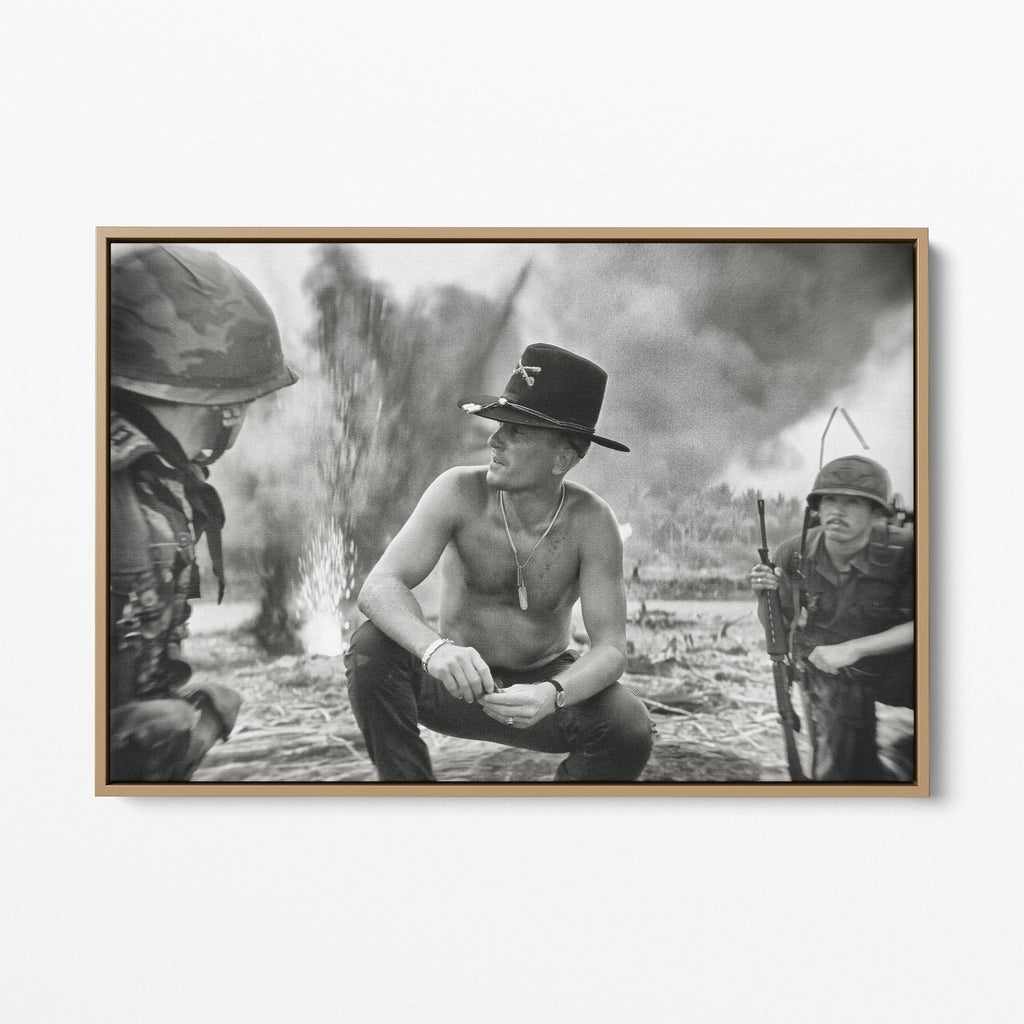 Front display of the Apocalypse Now Kilgore black and white canvas in a natural oak floating frame