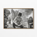 Front display of the Apocalypse Now Kilgore black and white canvas in a natural oak floating frame