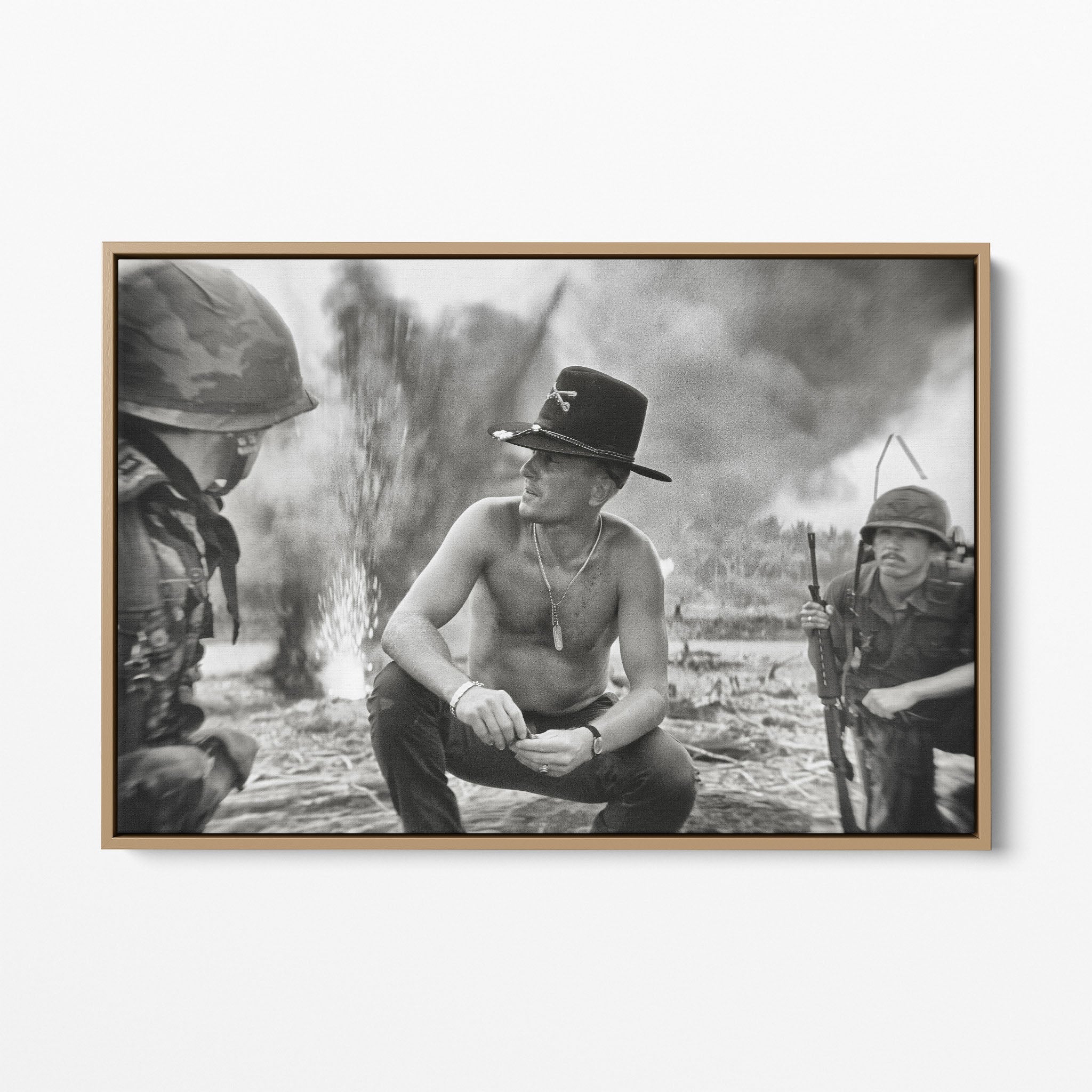 Front display of the Apocalypse Now Kilgore black and white canvas in a natural oak floating frame