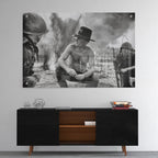 High-gloss acrylic black and white print of Kilgore in Apocalypse Now displayed on a wall