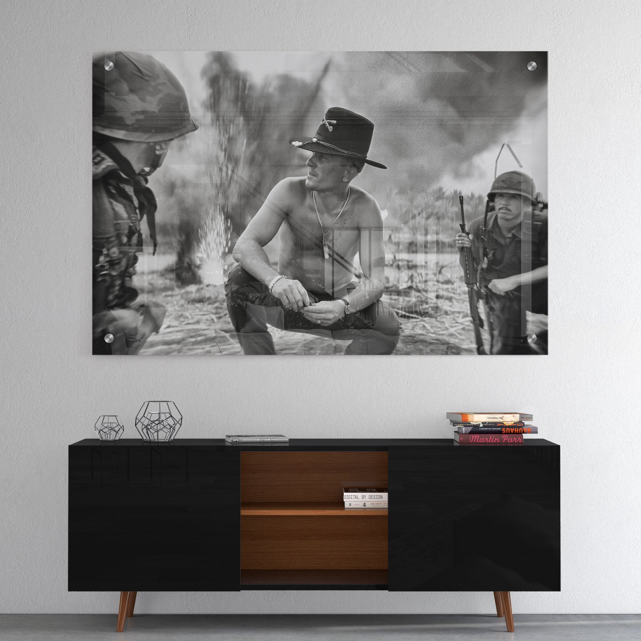 High-gloss acrylic black and white print of Kilgore in Apocalypse Now displayed on a wall