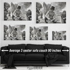 Apocalypse Now Kilgore wall art size comparison chart shown above a sofa
