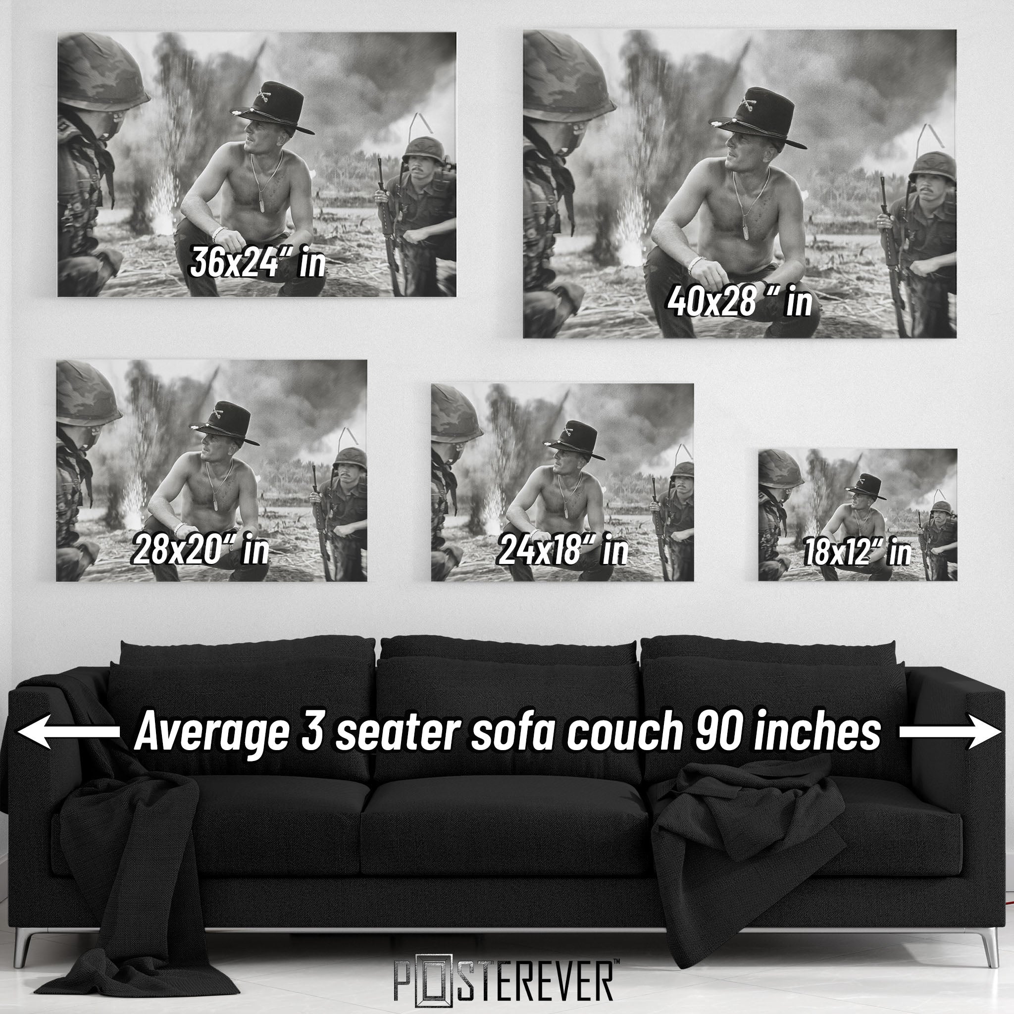 Apocalypse Now Kilgore wall art size comparison chart shown above a sofa
