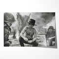 Unframed black and white print of Kilgore crouching on the beach amid napalm smoke in Apocalypse Now