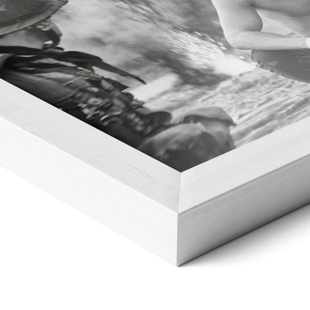 Corner close-up of the Apocalypse Now Kilgore black and white poster in a white frame