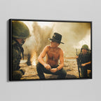 Angled view of the Apocalypse Now Kilgore colour canvas in a black floating frame