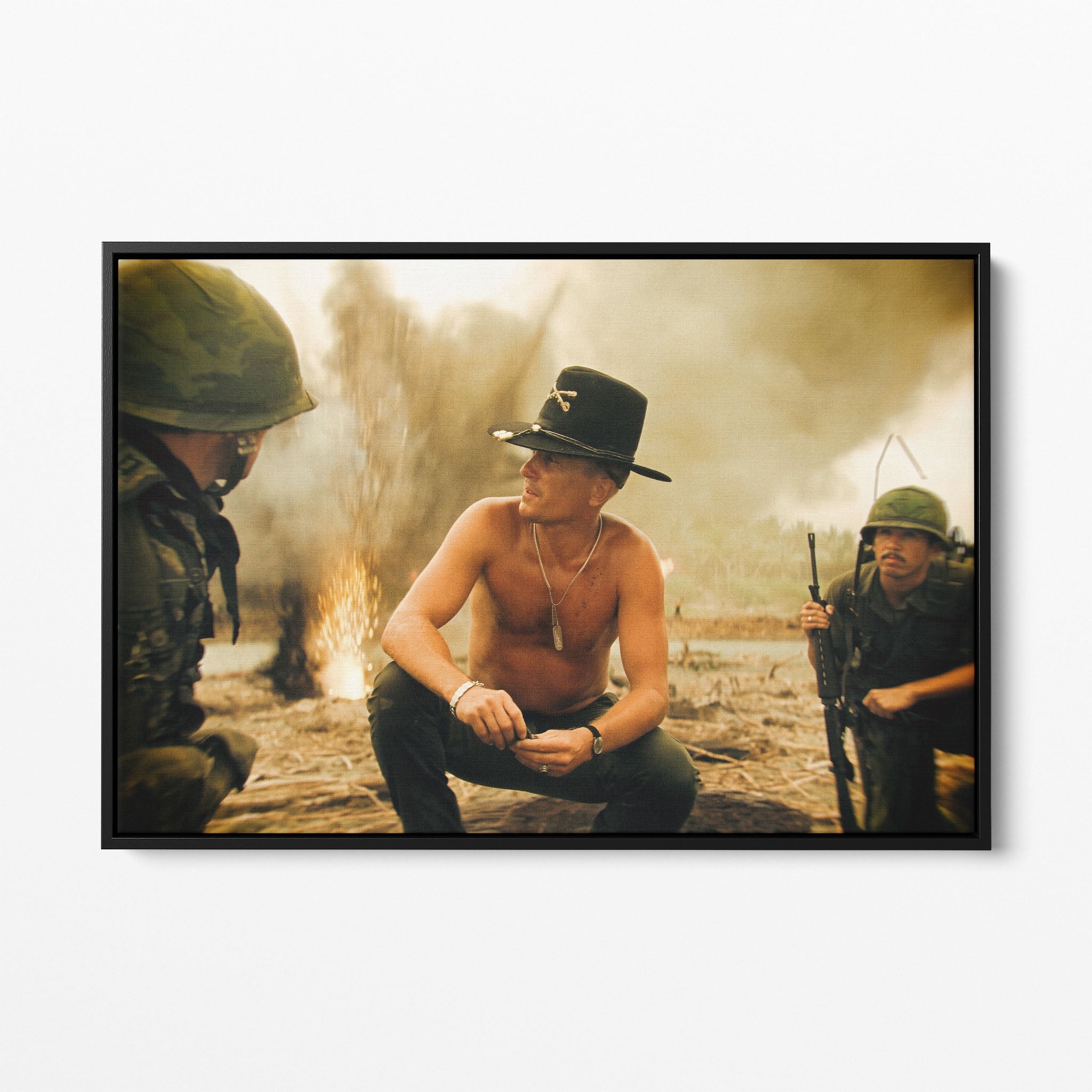 Front display of the Apocalypse Now Kilgore colour canvas in a black floating frame