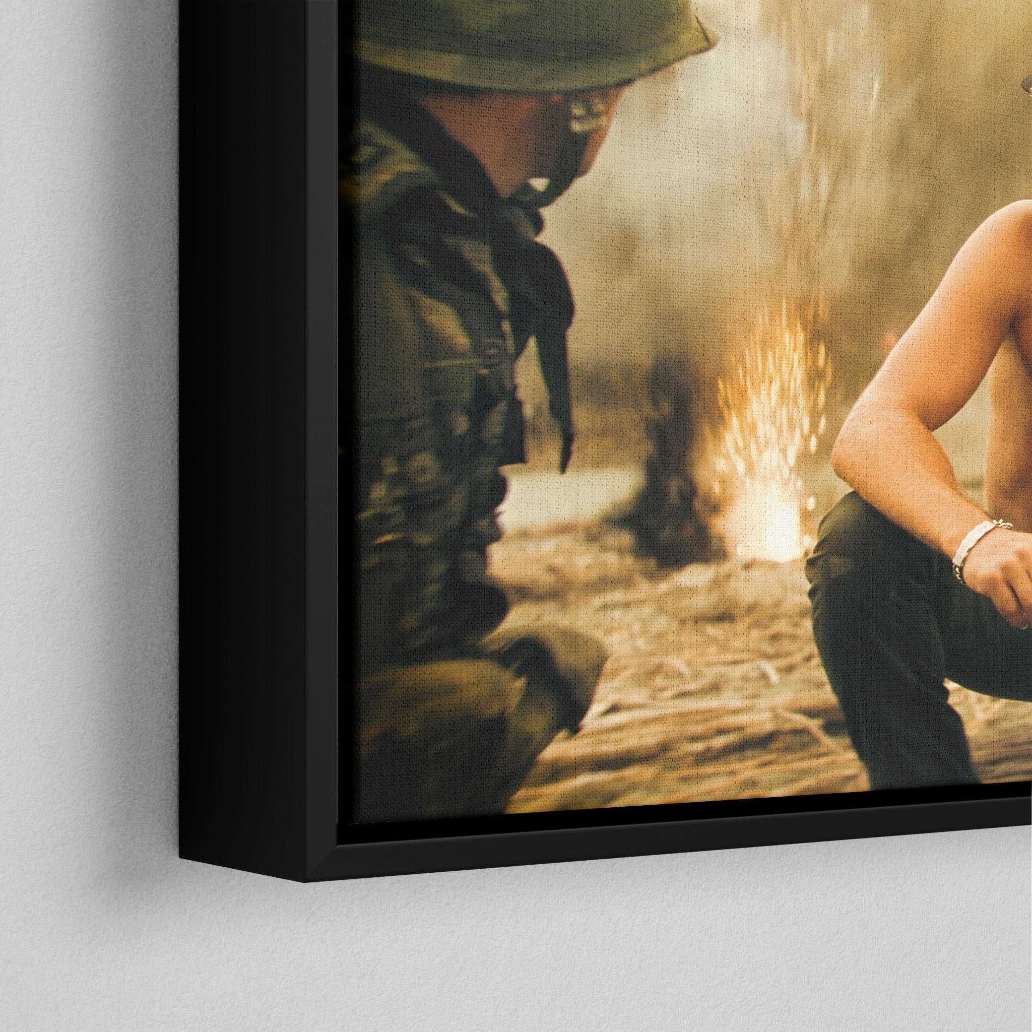 Corner close-up of the black floating frame on the Apocalypse Now Kilgore colour canvas