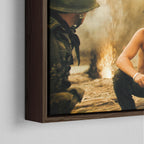 Close-up of the dark walnut floating frame on the Apocalypse Now Kilgore colour canvas