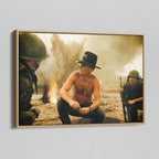 Angled view of the Apocalypse Now Kilgore colour canvas in a natural oak floating frame