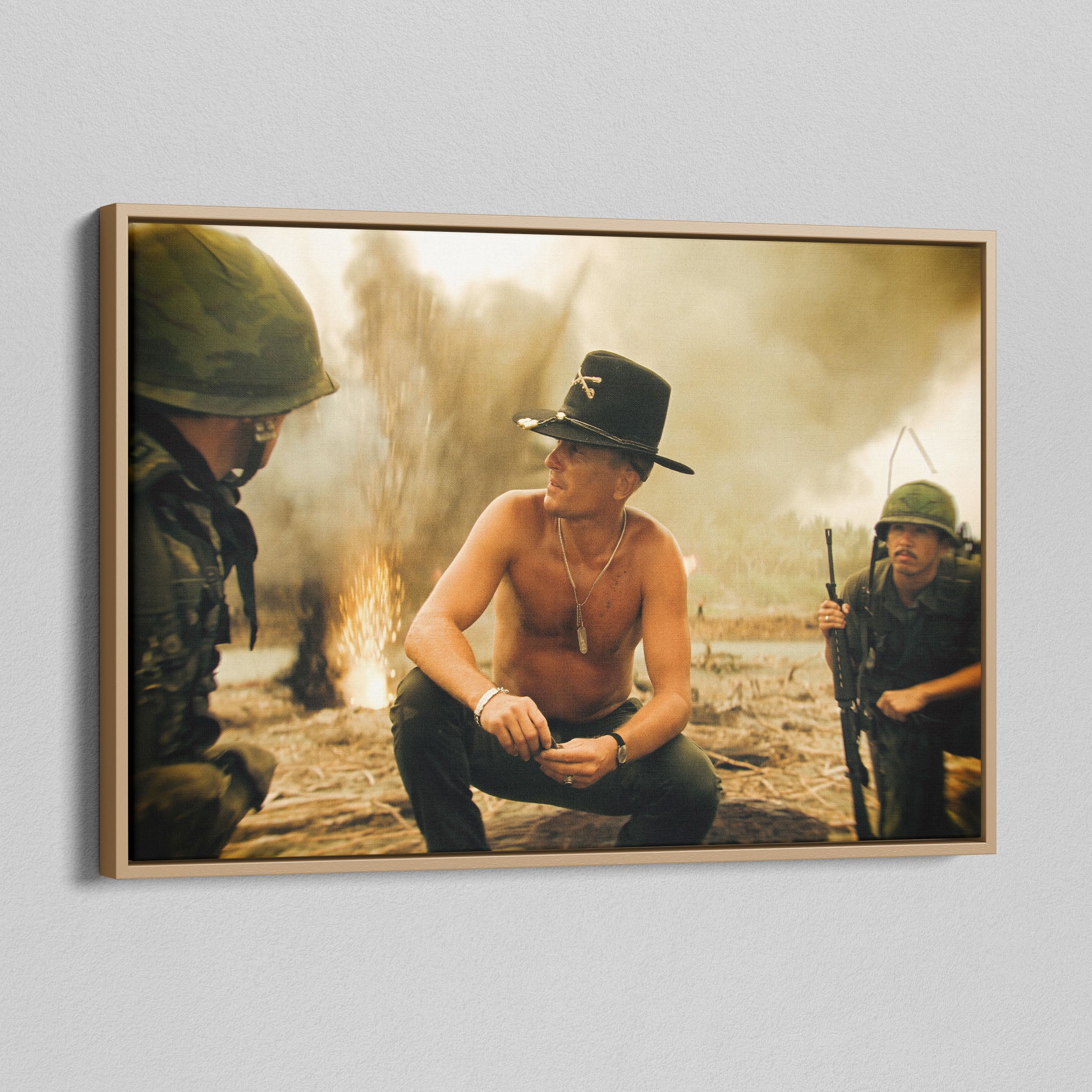 Angled view of the Apocalypse Now Kilgore colour canvas in a natural oak floating frame