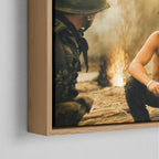 Corner close-up of the natural oak floating frame on the Apocalypse Now Kilgore colour canvas