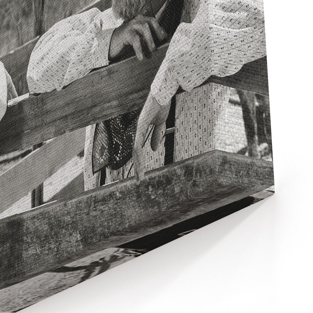 Close-up of the gallery-wrapped canvas edge on the Lonesome Dove Hat Creek black and white print
