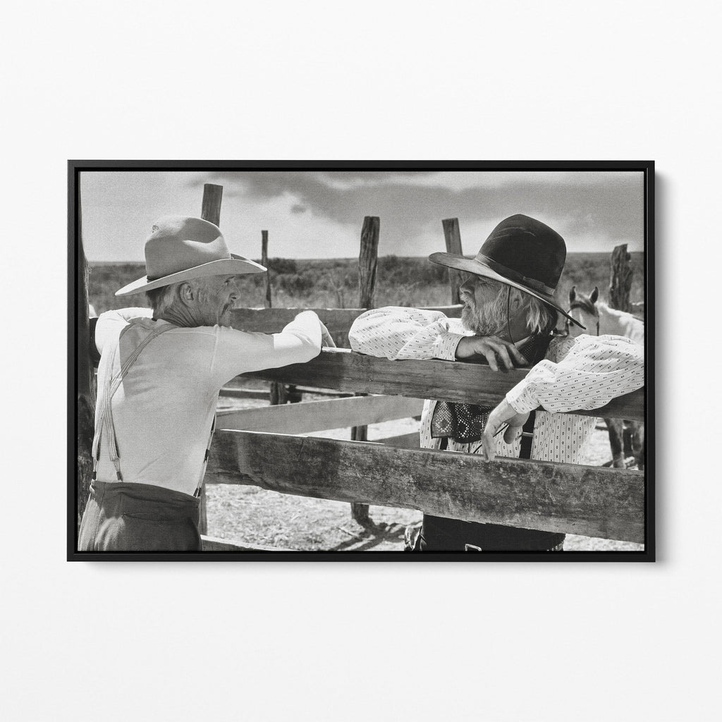 Front display of the Lonesome Dove Hat Creek black and white canvas in a black floating frame