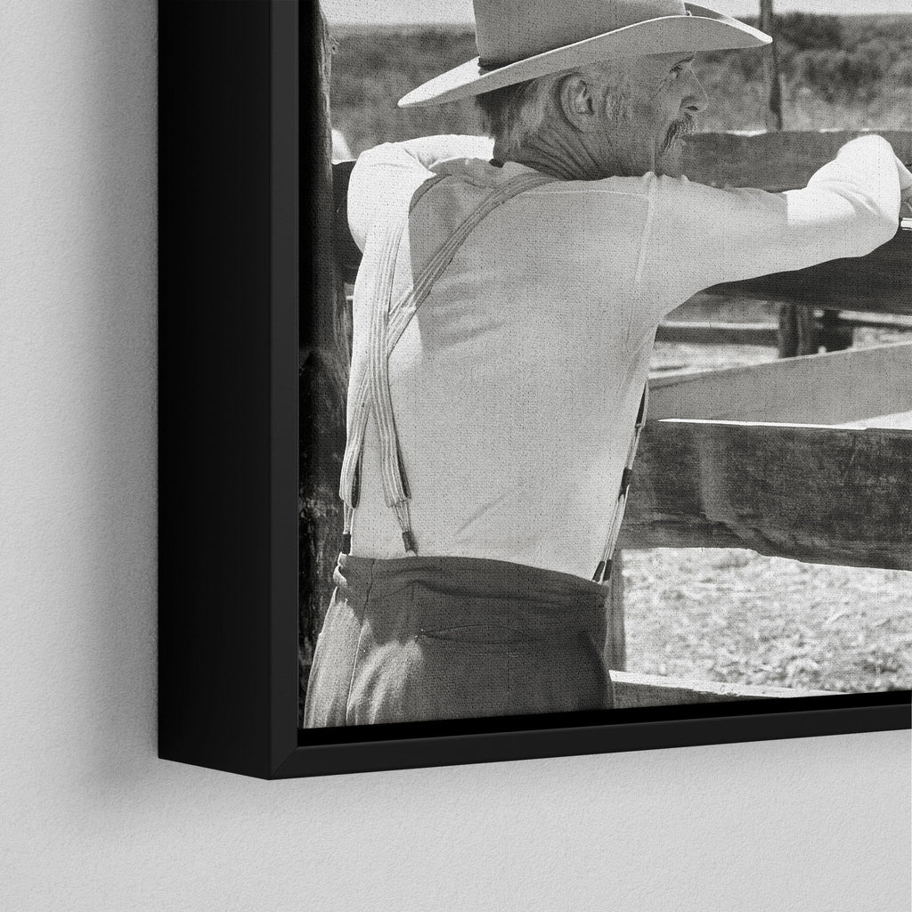 Corner close-up of the black floating frame on the Lonesome Dove Hat Creek black and white canvas