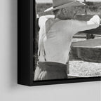 Corner close-up of the black floating frame on the Lonesome Dove Hat Creek black and white canvas
