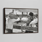 Angled view of the Lonesome Dove Hat Creek black and white canvas in a dark walnut floating frame