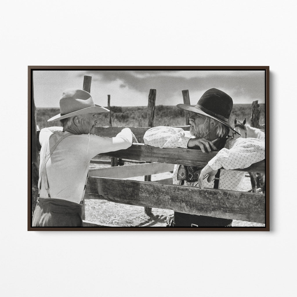 Front display of the Lonesome Dove Hat Creek black and white canvas in a dark walnut floating frame