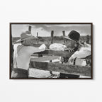 Front display of the Lonesome Dove Hat Creek black and white canvas in a dark walnut floating frame