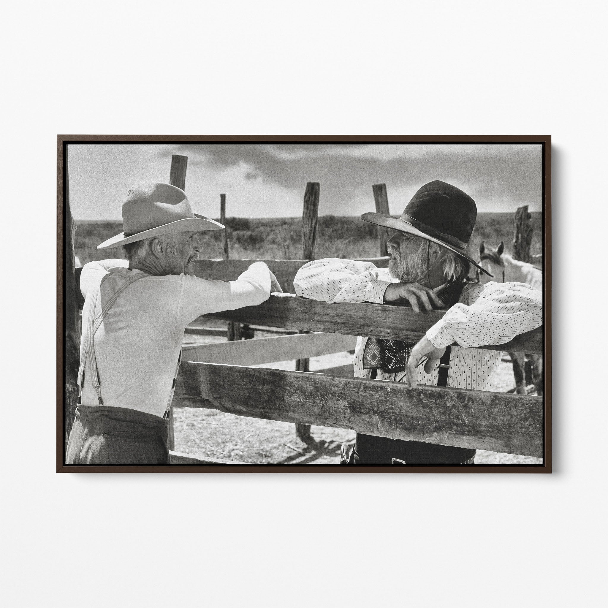 Front display of the Lonesome Dove Hat Creek black and white canvas in a dark walnut floating frame