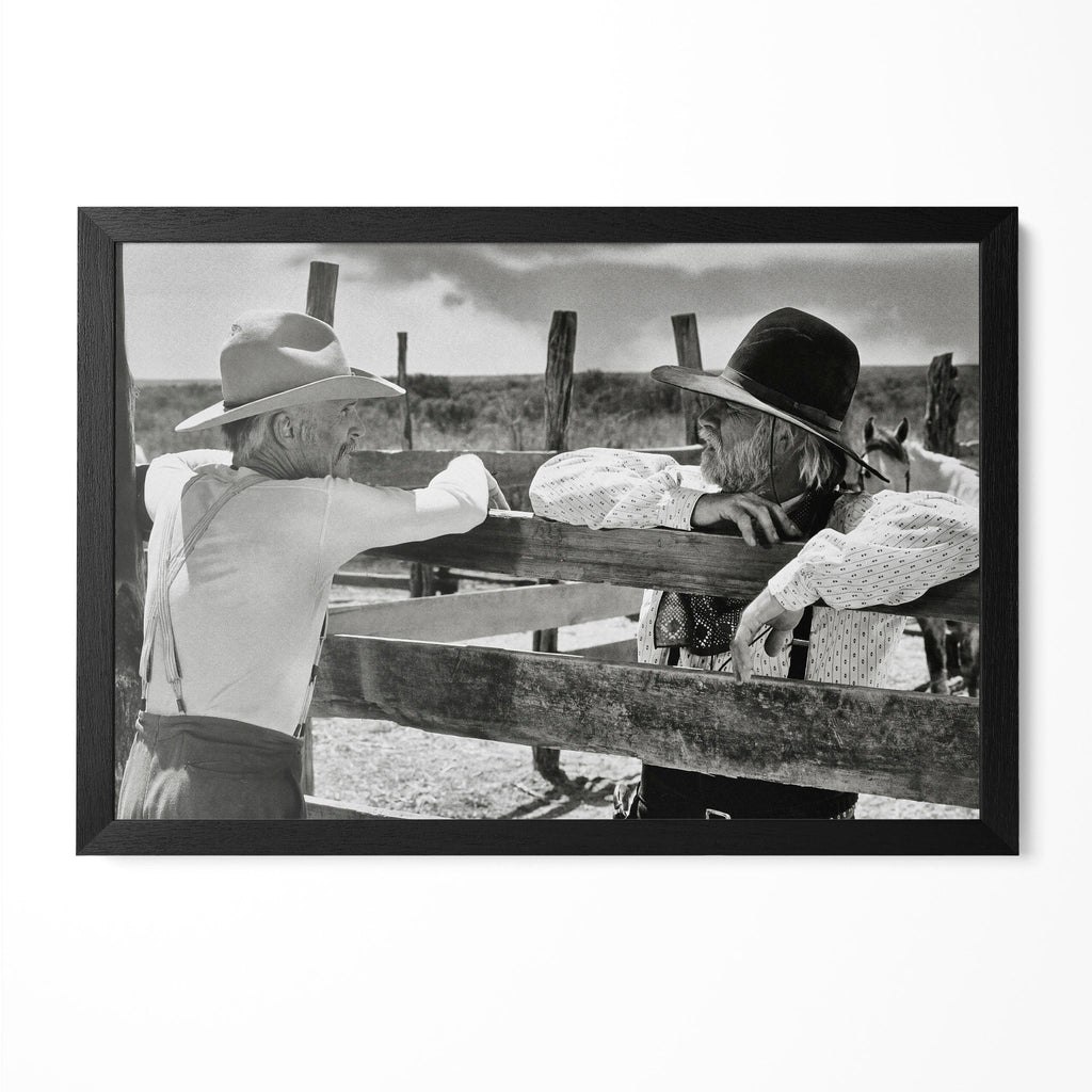 Robert Duvall and Tommy Lee Jones as Gus and Call in Lonesome Dove, black and white portrait in a classic black poster frame