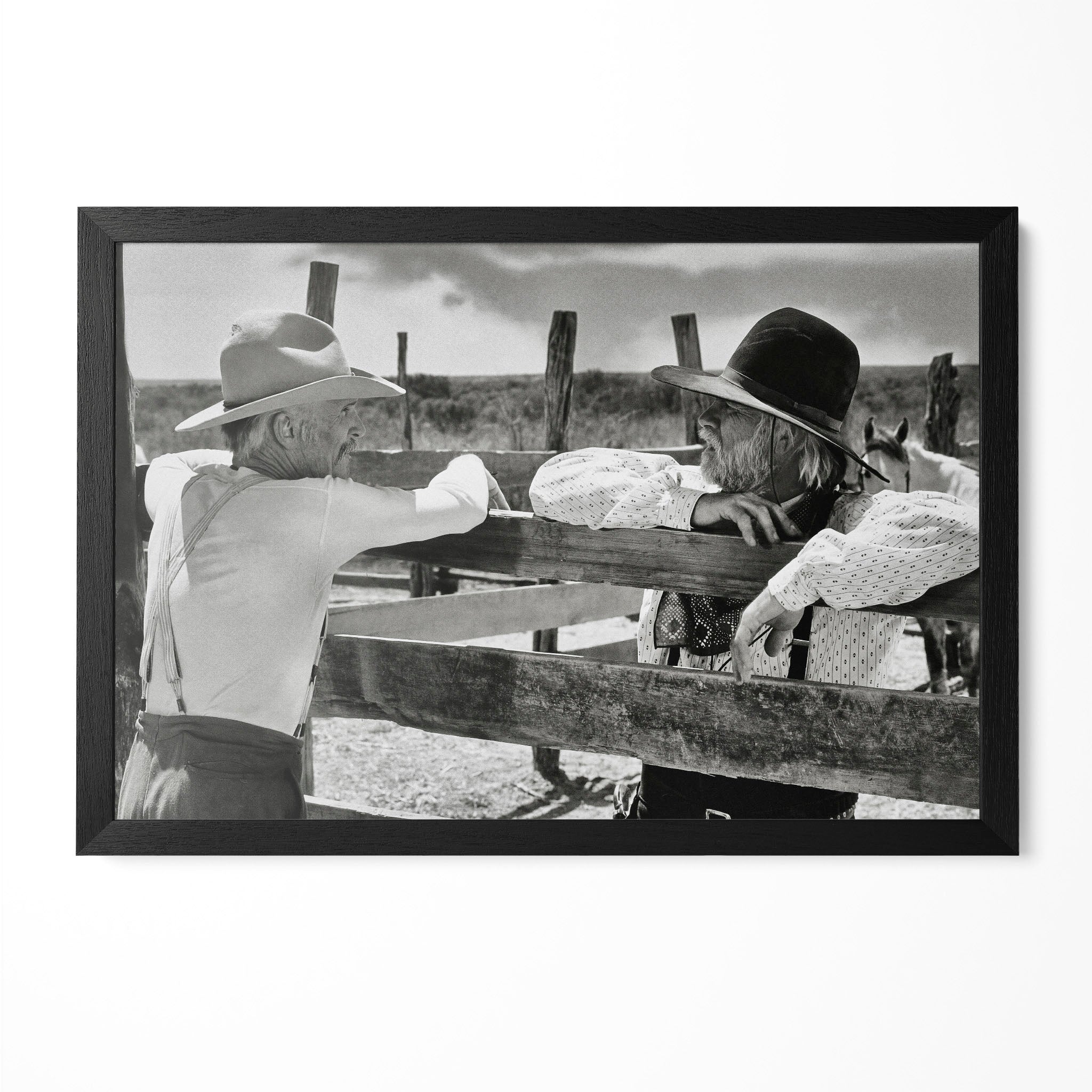 Robert Duvall and Tommy Lee Jones as Gus and Call in Lonesome Dove, black and white portrait in a classic black poster frame