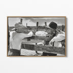 Front display of the Lonesome Dove Hat Creek black and white canvas in a natural oak floating frame