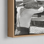 Corner close-up of the natural oak floating frame on the Lonesome Dove Hat Creek black and white canvas