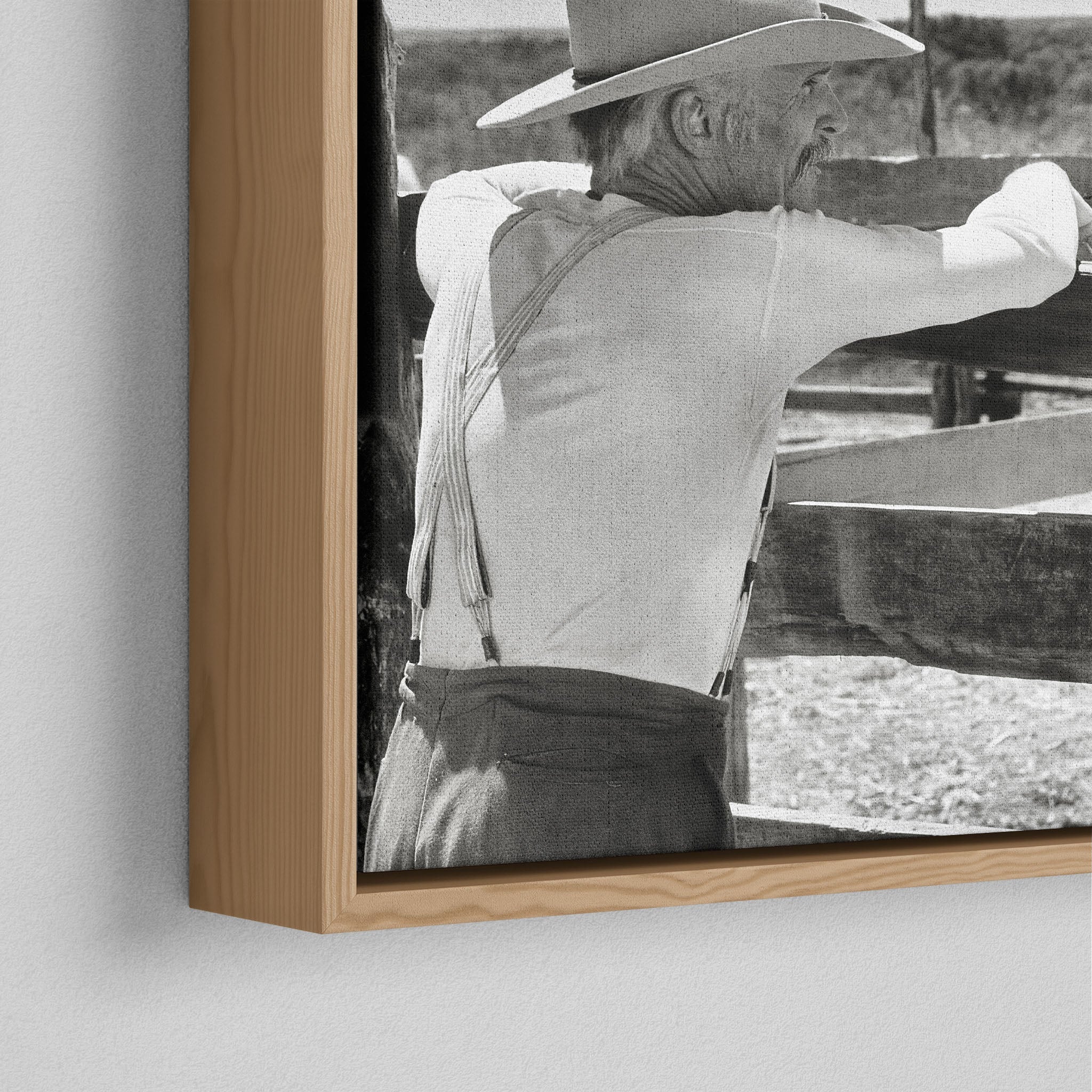 Corner close-up of the natural oak floating frame on the Lonesome Dove Hat Creek black and white canvas
