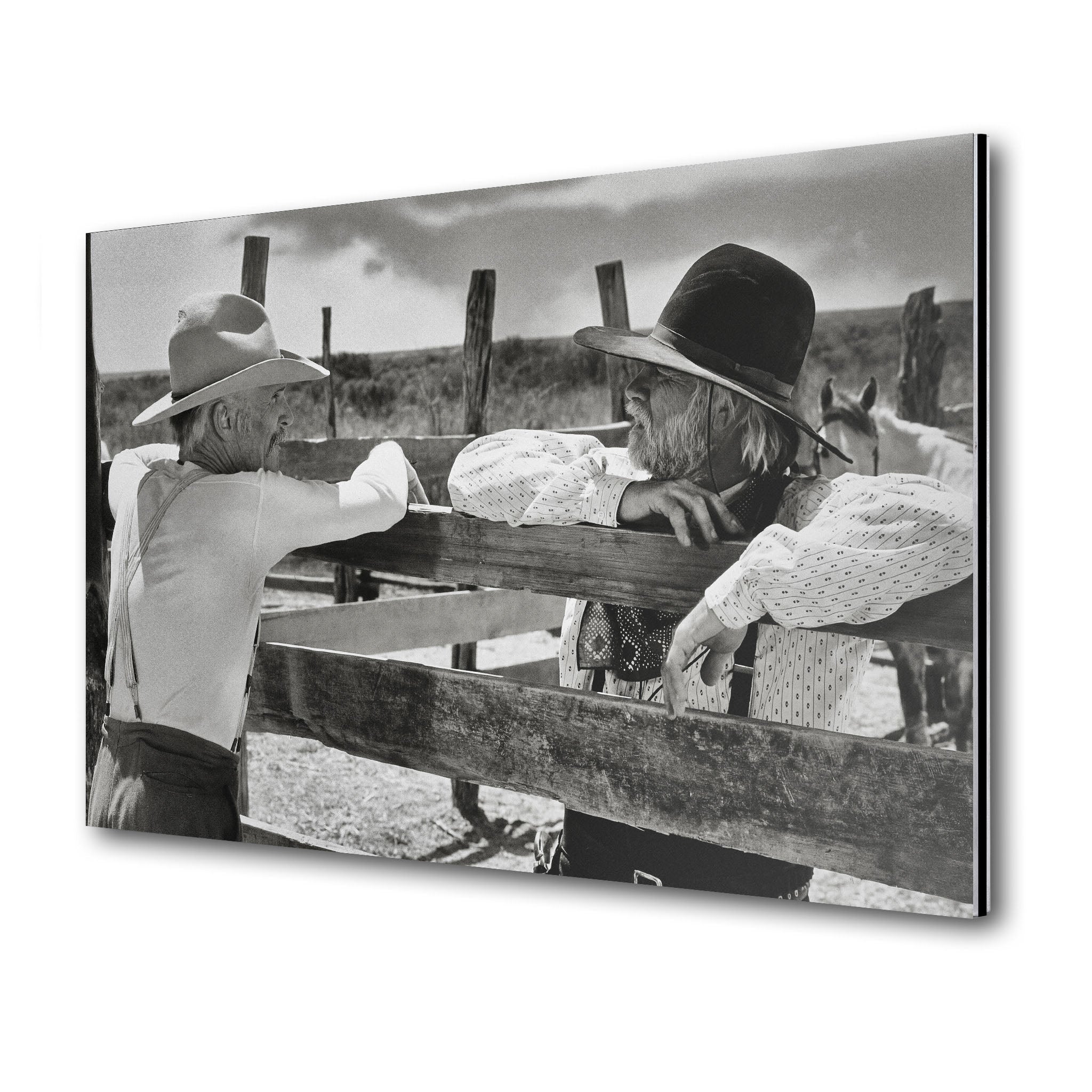 Lonesome Dove Gus and Call black and white metal print displayed on a wall