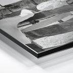 Close-up of the aluminum edge on the Lonesome Dove Hat Creek black and white metal print