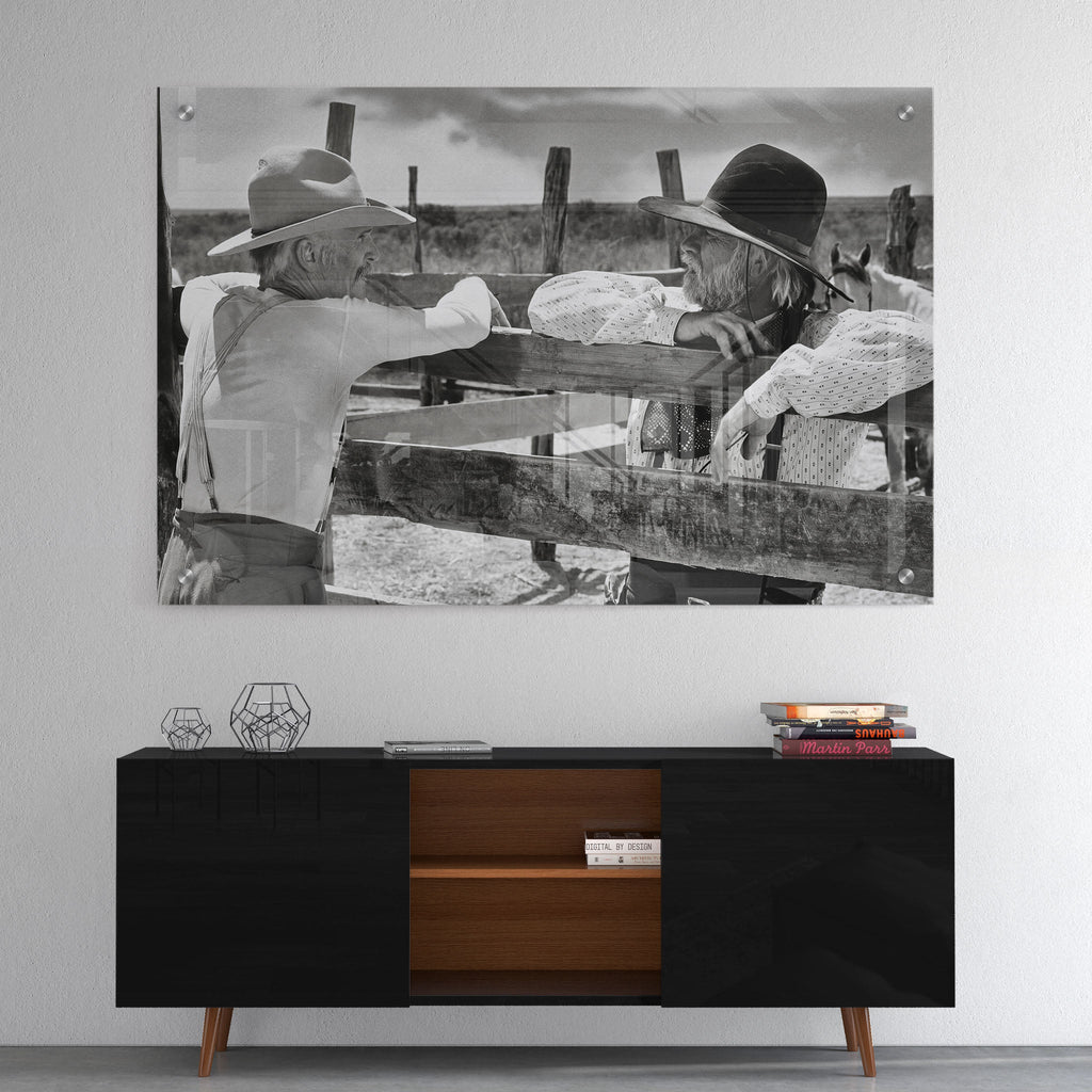 High-gloss acrylic black and white print of Gus and Call from Lonesome Dove displayed on a wall