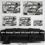 Lonesome Dove wall art size comparison chart shown above a sofa